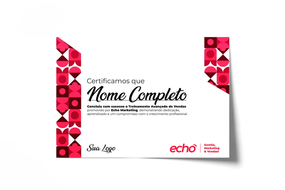 Certificado de conclusão do Treinamento Avançado de Vendas Echo Marketing